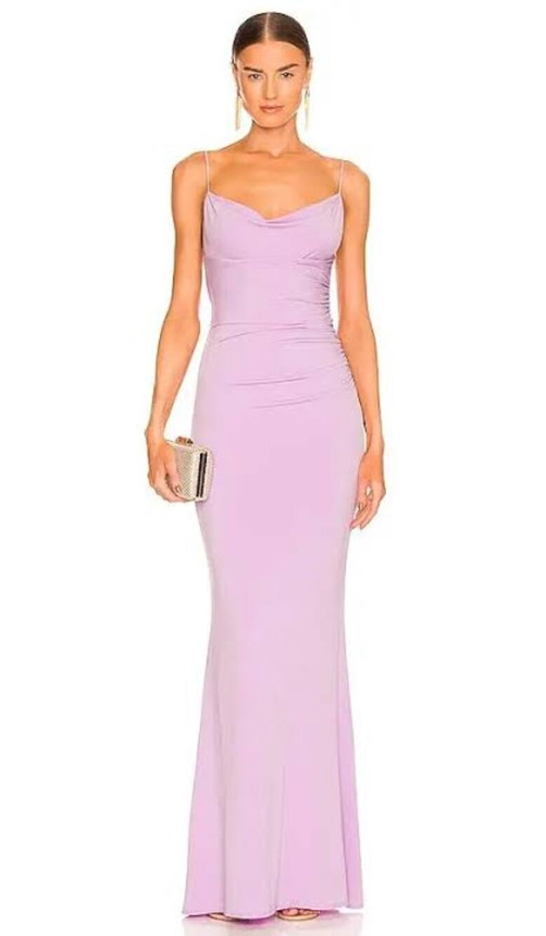 Katie May lavender purple low back cowl neck gown